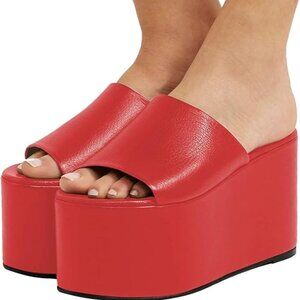 YDN Red Platform Slide Wedge Sandals